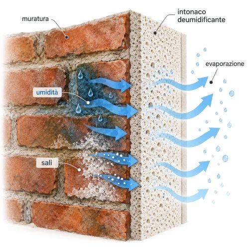 Infografica sul funzionamento dell'intonaco deumidificante: sezione di una muratura in mattoni con umidit&agrave; e sali, rivestita da uno strato macroporoso che favorisce l'evaporazione dell'acqua.