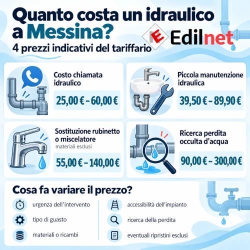 Infografica prezzi degli idraulici a Messina: quattro servizi comuni con relative fasce di prezzo indicative e i principali fattori che possono influenzare il costo finale.