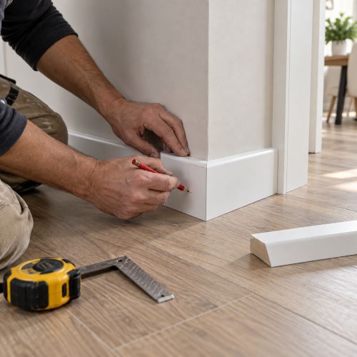 Installazione di un battiscopa bianco con misurazione e rifinitura dell&rsquo;angolo su pavimento in legno.