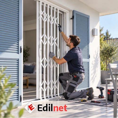 Un installatore professionista esegue il montaggio di un cancelletto estensibile di sicurezza su una portafinestra residenziale. La struttura metallica a pantografo, le persiane azzurre e gli attrezzi da lavoro mostrano un intervento di posa in un contesto abitativo moderno.