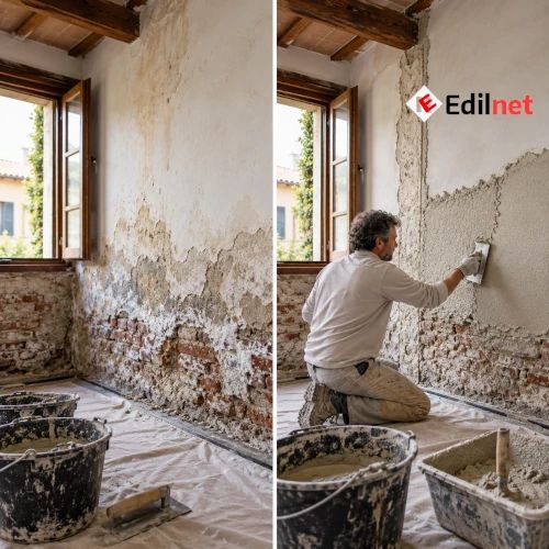 Parete con umidit&agrave; di risalita prima e durante la posa dell&rsquo;intonaco deumidificante in un intervento di risanamento murario.
