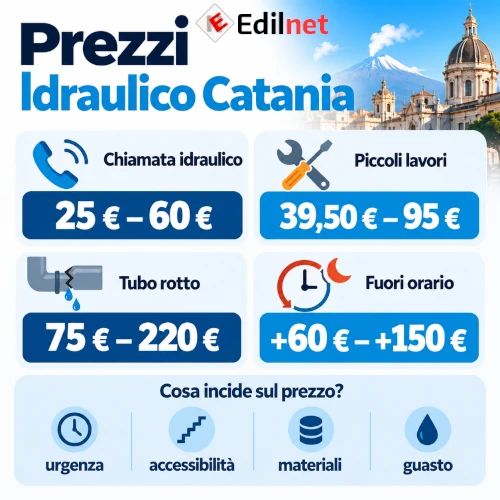 Infografica sui prezzi degli idraulici a Catania: costo della chiamata, piccoli lavori, riparazione di tubi rotti e maggiorazioni fuori orario.