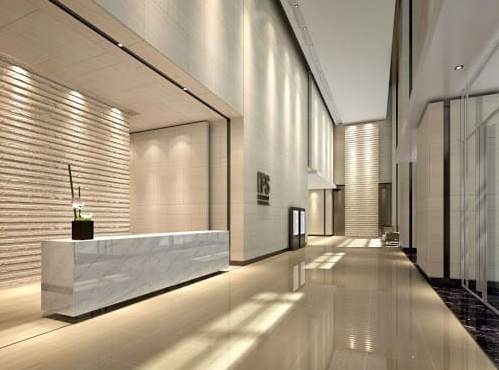 Il render progettuale per la ristrutturazione della hall di un hotel.