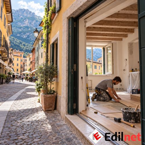 Ristrutturazione di un appartamento a Trento con operaio che posa il pavimento e vista sul centro storico e sulle montagne.