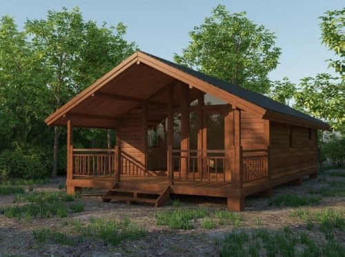 Un classico cottage prefabbricato in legno, ideale come casa di villeggiatura.