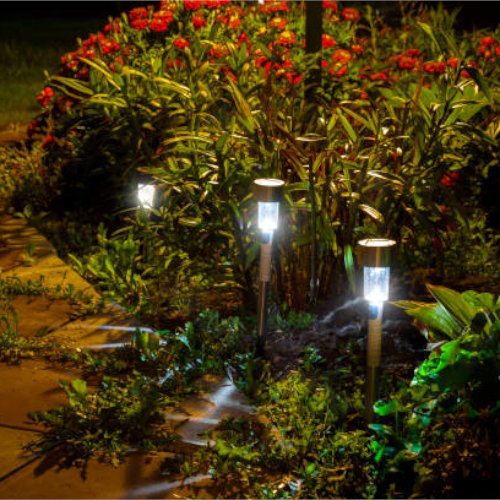 Illuminazione da giardino con luci a terra lungo un camminamento abbellito con fiori rossi.