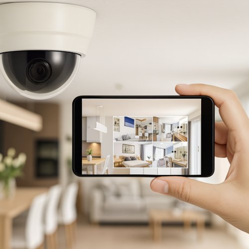 Sistema di videosorveglianza interno con telecamera dome collegata a smartphone. L'immagine mostra una casa moderna con interni luminosi, monitorata in tempo reale tramite app.