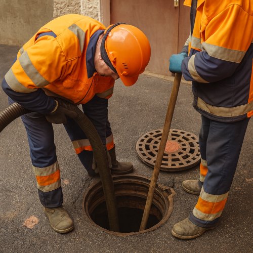 Operai addetti allo spurgo pozzi neri al lavoro su un tombino aperto, con attrezzatura e tubi, in cortile asfaltato.