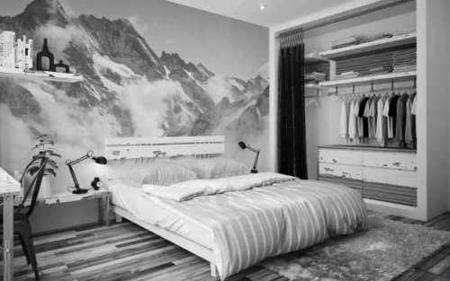 Una camera da letto con pareti in resina.