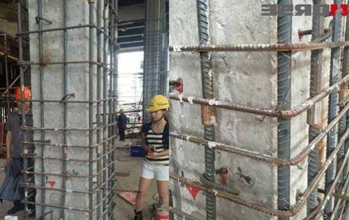 Dei pilastri consolidati con la tecnica dell'incamiciatura.