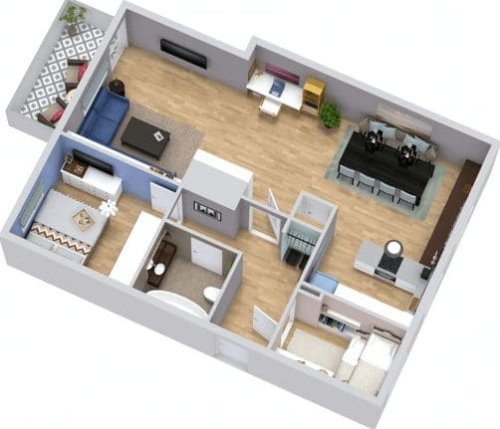 La planimetria arredata del progetto per la ristrutturazione di un appartamento a Milano.