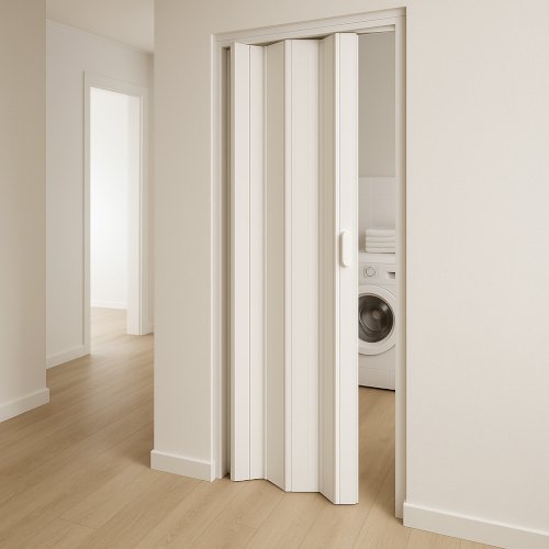 Immagine di una porta a soffietto in PVC installata in una zona lavanderia di un appartamento.