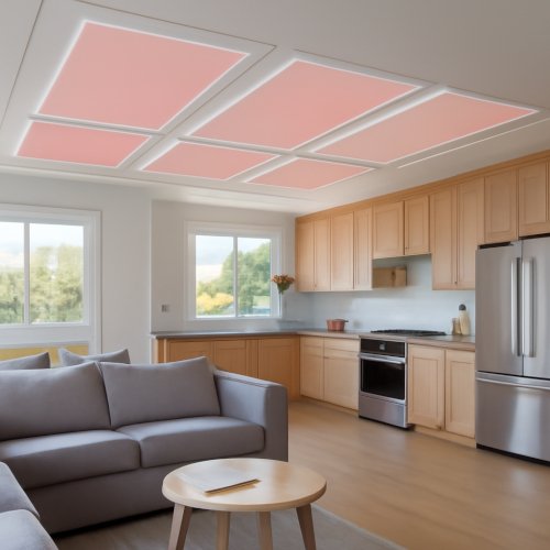 Soggiorno con cucina moderna e pannelli radianti a soffitto accesi, esempio realistico di impianto di riscaldamento integrato nel controsoffitto