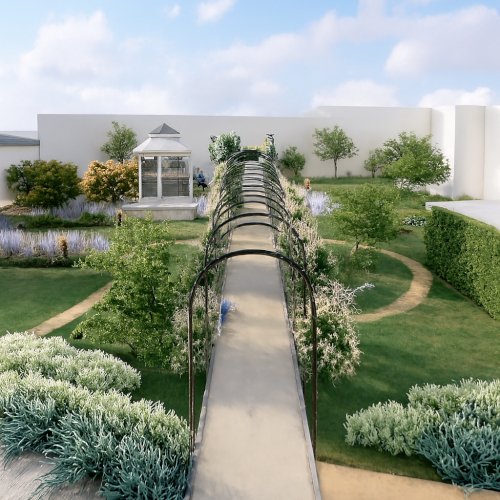 Rendering 3D di un giardino romantico con vialetto centrale coperto da pergola, gazebo decorativo, alberi da frutto e vegetazione ornamentale; esempio di progettazione paesaggistica per guida ai prezzi