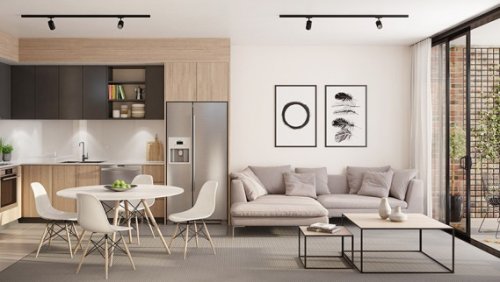 Progettazione interni Corsico. Il render di una casa con cucina all'americana.