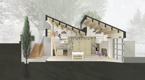 Il progetto di una casa indipendente con tetto a shed.