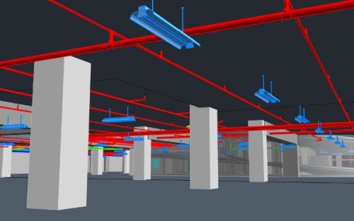 Il render del progetto di un impianto antincendio.