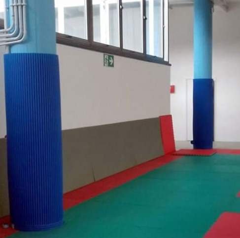 Delle protezioni per colonne in una palestra.