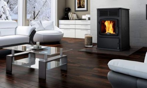 Un render che mostra una stufa a pellet senza canna fumaria.